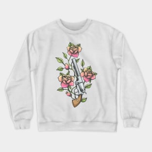 Revolver with Branch of Rose flower drawn in Tattoo style. Vector illustration. Crewneck Sweatshirt